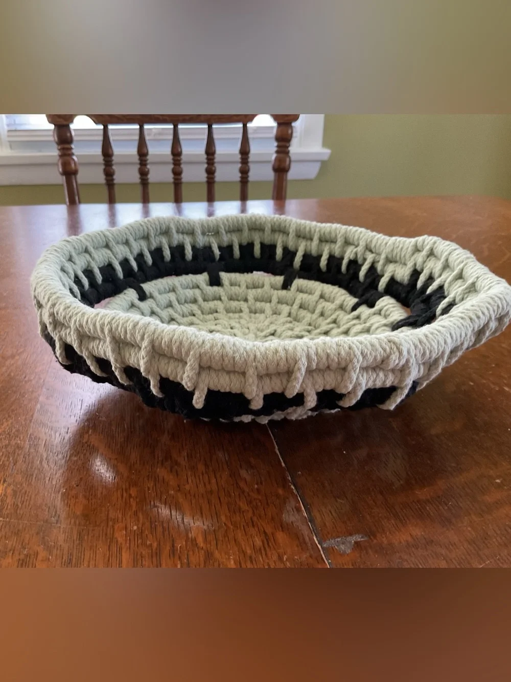 Handmade Woven Rope Basket Bowl w/ Scalloped Top – Sage Green & Black